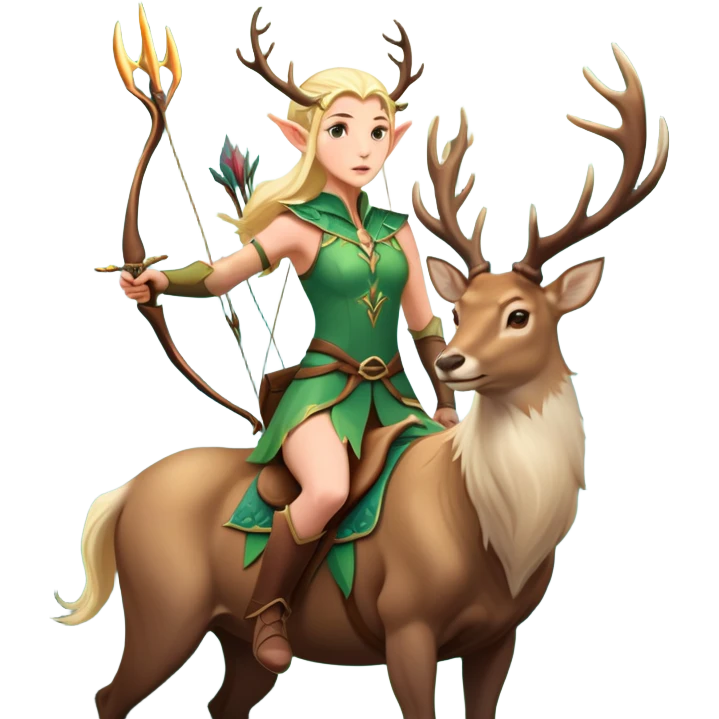 clash-of-clans-aesthetic-blond-elf-archer-portrait-emoji, rendered in a flat, vector-style with minimal shading and bold, simplified shapes, head tilted slightly forward with a determined, focused expression, riding a majestic stag whose luminous antlers glow with mystical energy, set against an ancient, enchanted forest backdrop. emoji