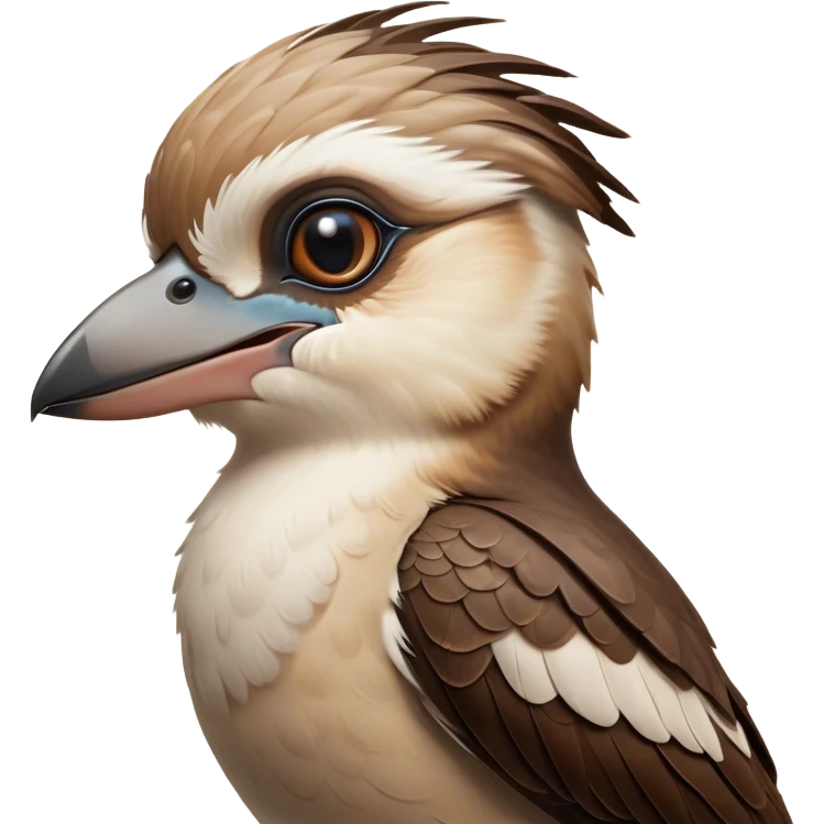 Cinematic Noble Kookaburra Portrait Emoji, Poised and regal, with a stout, robust build and a striking plumage of earthy browns and creams, a strong beak and deep-set soulful eyes, Simplified yet sharp and sophisticated features, highly detailed, glowing with a soft, dignified glow, high shine, intelligent and exuberant, stylized with an air of native woodland majesty, focused and attentive, soft glowing outline, capturing the essence of a watchful and confident bird, so majestic it feels as though it could laugh out of the screen with effortless authority! emoji