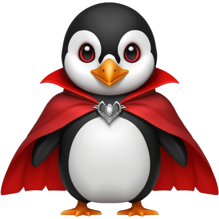 Vampire animal, penguin  in red collar cloak, red eye, fangs emoji