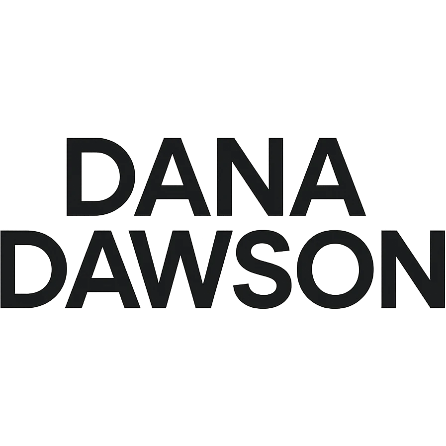 bold geometric sans-serif logo of 'Dana Dawson', modern, clean, blue accent emoji