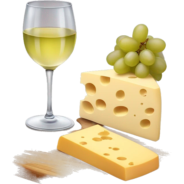 Wooden board with different kind of cheese, grapes and a glass of white wine emoji