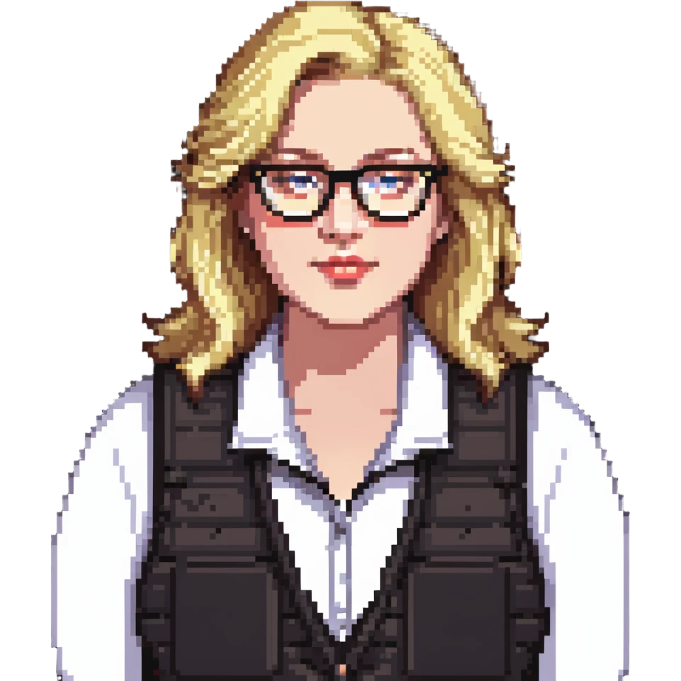Plus size blonde person wearing glasses and a vest emoji