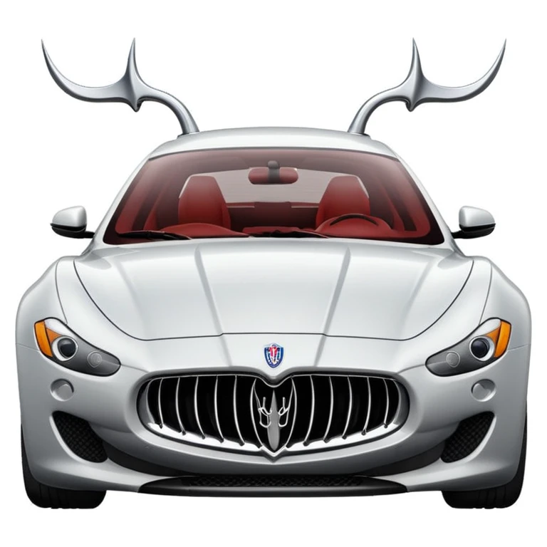 stylized emoji of a Maserati car with exaggerated curves, iconic grille and trident badge, vibrant shading, minimalistic lines, on a light gray background, focusing on elegance and motion emoji