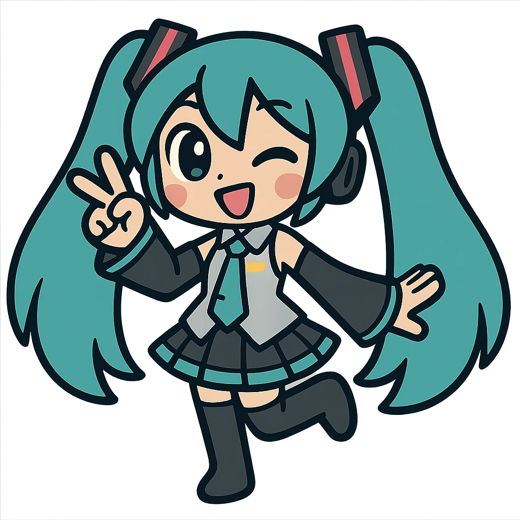 Hatsune Miku, kawaii pose, big eyes, teal pigtails, idol outfit emoji