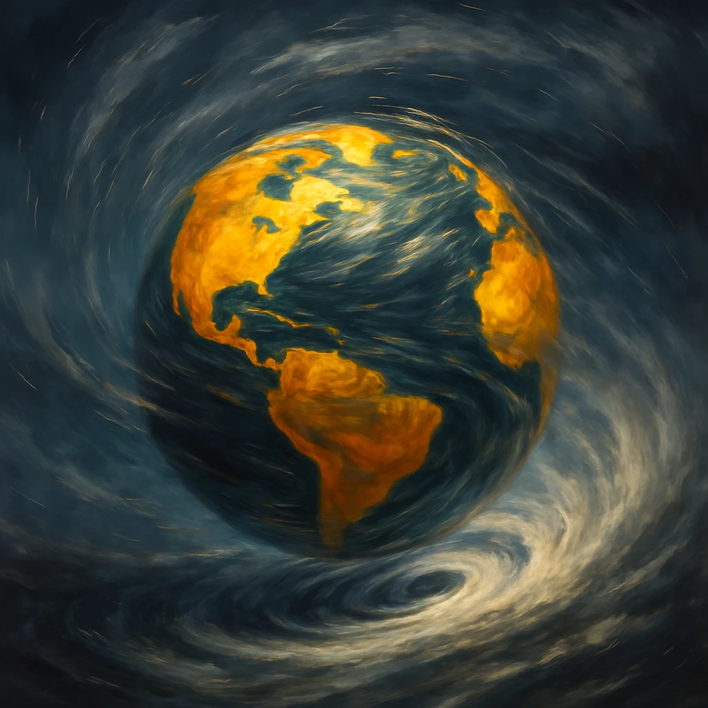 yellow globe spinning in a hurricane, dynamic motion, swirling wind, dramatic atmosphere emoji