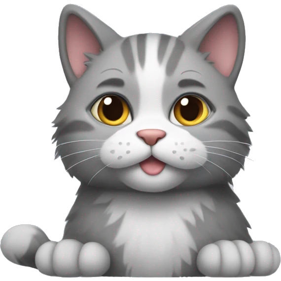 A cat with grey fur, white fur under his Face, showing a heart by his paws  emoji