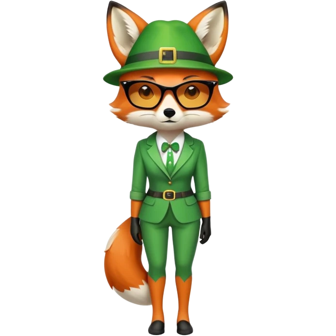 serious anthropomorphised female fox in stylish St. Patrick's Day outfit with sunglasses, looking sad and alone, full-body view emoji