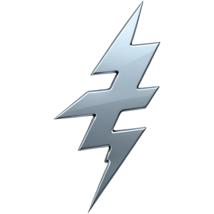 A lightning bolt emoji made of polished silver chrome, sharp yet rounded edges, glossy metallic surface, soft reflections, minimal futuristic design, iOS emoji style, centered, clean white background emoji