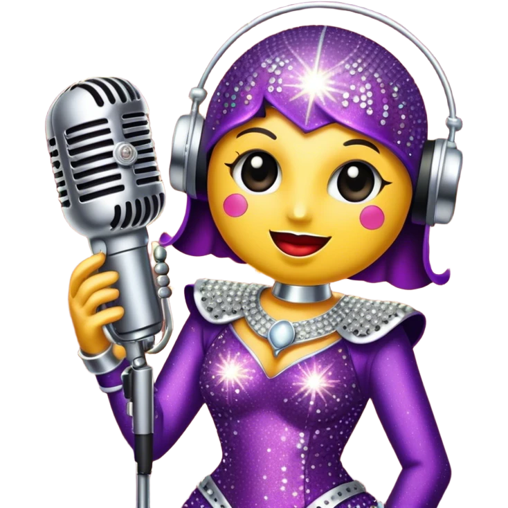 Create a glamorous and vibrant emoji representing stage vocal performance. The design should feature a humanless collage of classic vintage microphone, stage costume covered in rhinestones, large scene speakers, scene lights. The costume should be stylized, with glittering elements like sequins and sparkles, and reflect the glitzy, extravagant nature of show business. The microphone should have a sleek, retro look with chrome or metallic accents. Use rich, dazzling colors like gold, silver, deep purple, and bright red to evoke the glamorous, larger-than-life feel of a stage performance. The background should be transparent. emoji