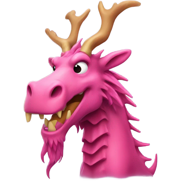 Pink dragon with a long beard, moose antlers, fire coming out of mouth emoji