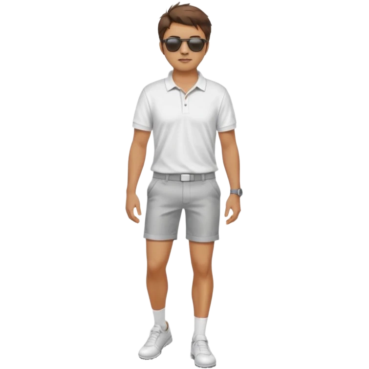 Handsome. Male. Short brown hair. Messy hairstyles. Sunglasses. Sexy pose. Full body. Wearing shorts.white golf shirt. White tekkies. Pool background  emoji