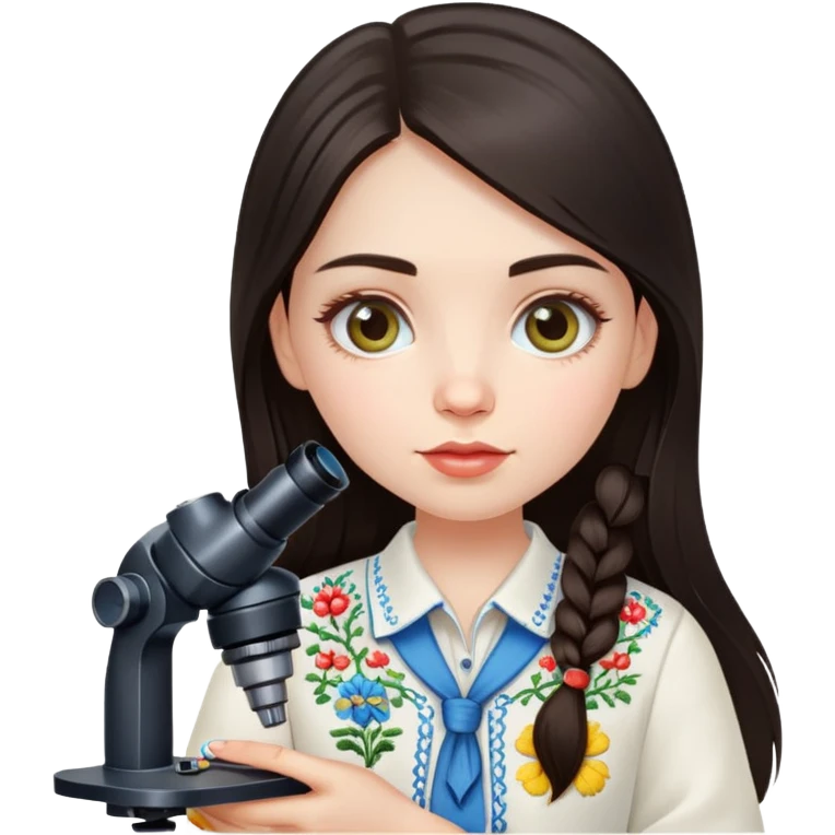 Ukrainian girl with dark hair in traditional embroidered shirt holding a microscope emoji
