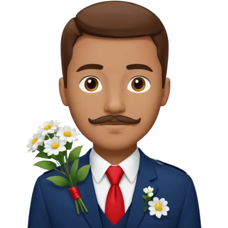 Homme avec bouquet fleurs blanches, avec uniforme bleu foncé cravate rouge, arabe raie sur le coté, brun un peu bronzé et yeux marrons 23 ans bouc moustache sans fleurs sur le costume  emoji