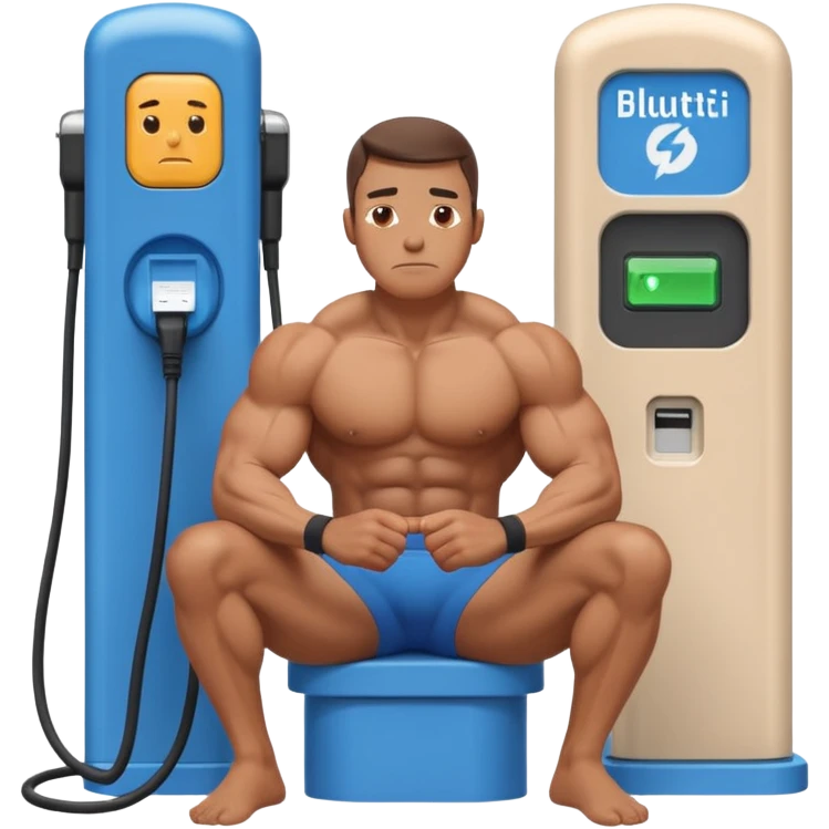 A naked man with bulging muscles sits in a thoughtful pose at a Bluetti charging station. emoji