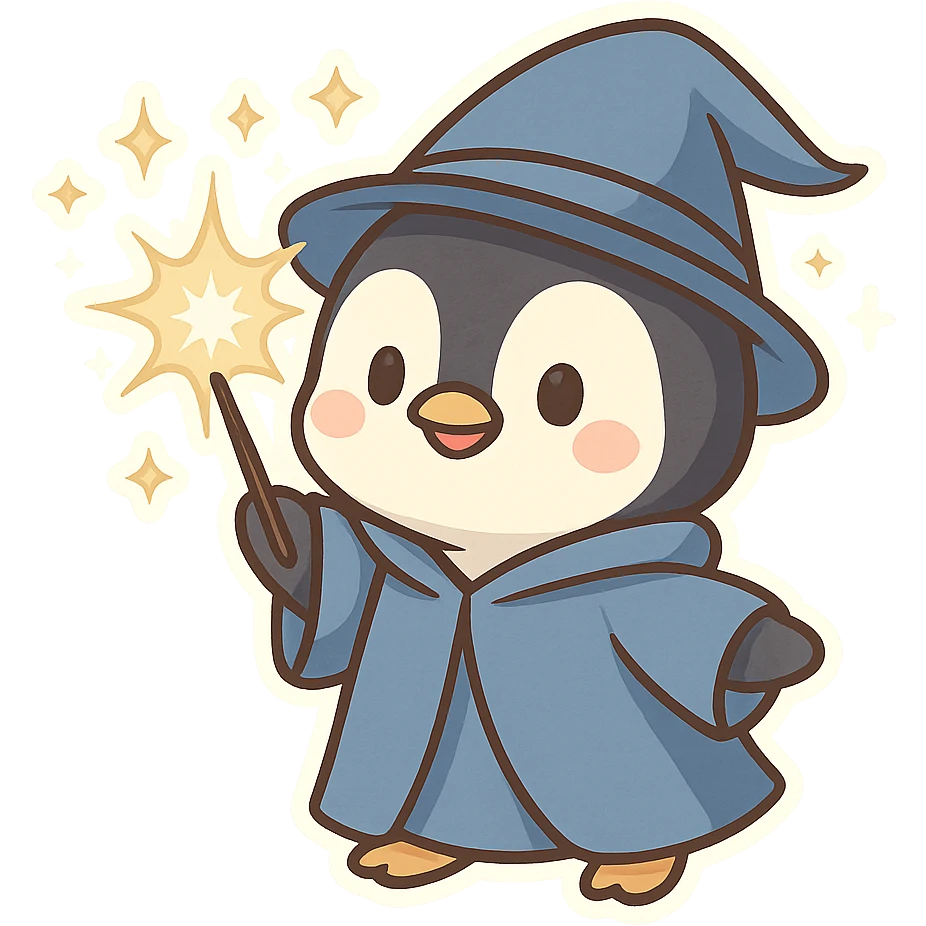 a cute penguin wizard casting a spell, wearing a robe and holding a wand, magical sparkles around emoji