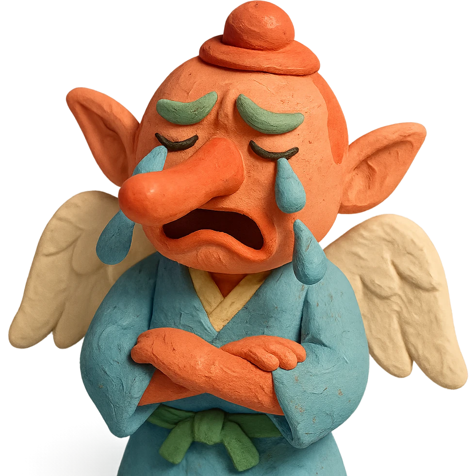 claymation style tengu with long nose crying, pastel colors emoji