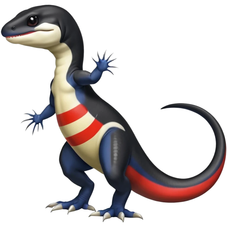 Black and white Orca-reptile-reptilian-lizard-skink-gecko-Digimon-Fakémon-hybrid full body, two legs, two arms, claws, tail, with red stripe emoji
