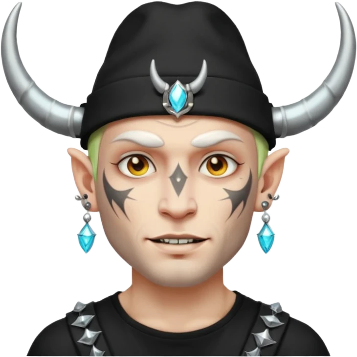 white skin Rock-style man — piercings, glowing tattoos on face, black hat with horns emoji