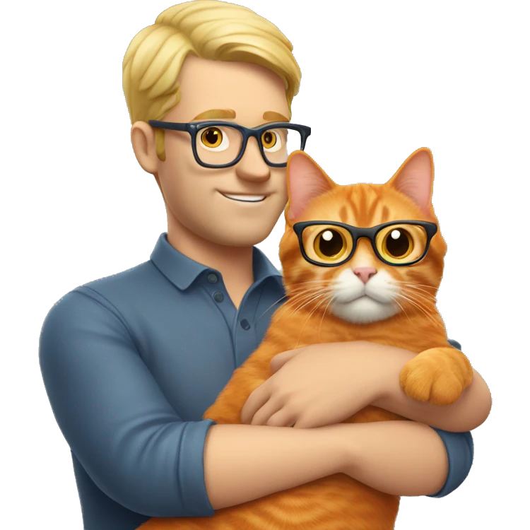 Orange cat being held by blonde man in glasses emoji