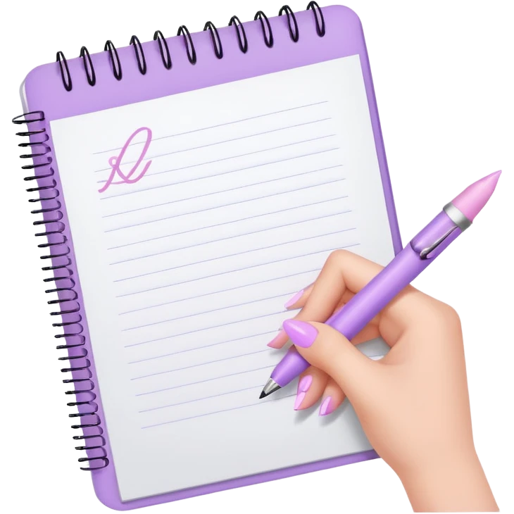 woman's hand with soft lilac nails writing in a notebook with a pastel pink pen emoji