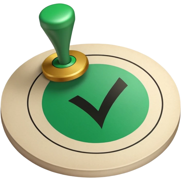 A stamp pressing down on a paper sheet, leaving a green circular mark with a check symbol inside, representing approval or verification. emoji