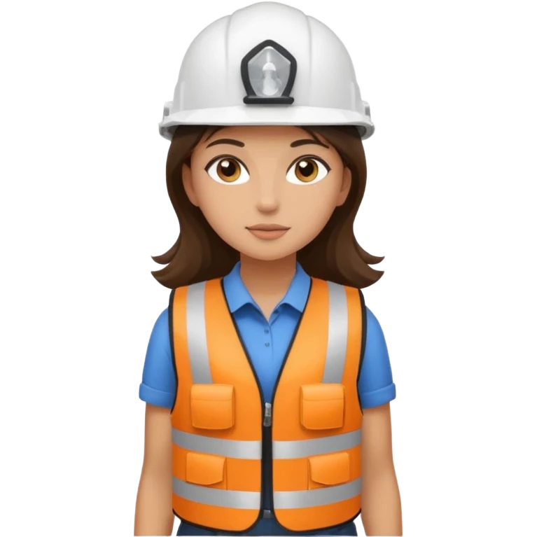Brunette brown Girl full body standing with her white security helmet and security vest that fits her big on, also with her black backpack. Full body emoji