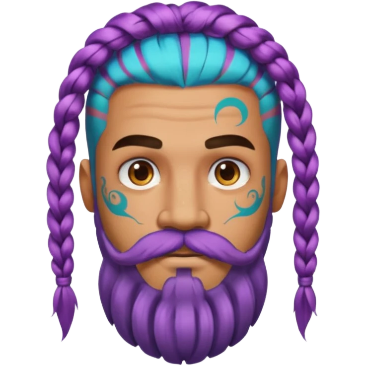 big lose braids starting from the top sides of the head hair like a unicorn man with mustache face wiith big visible loose only two braids and lots and lots of colored face tattoos colored tattoos like a tattoo artist hair unique color and beard emoji