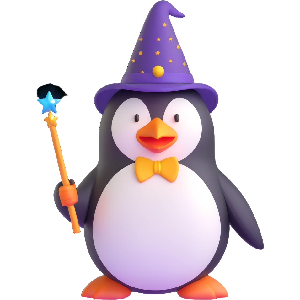 penguin wizard with magic wand and pointed hat emoji