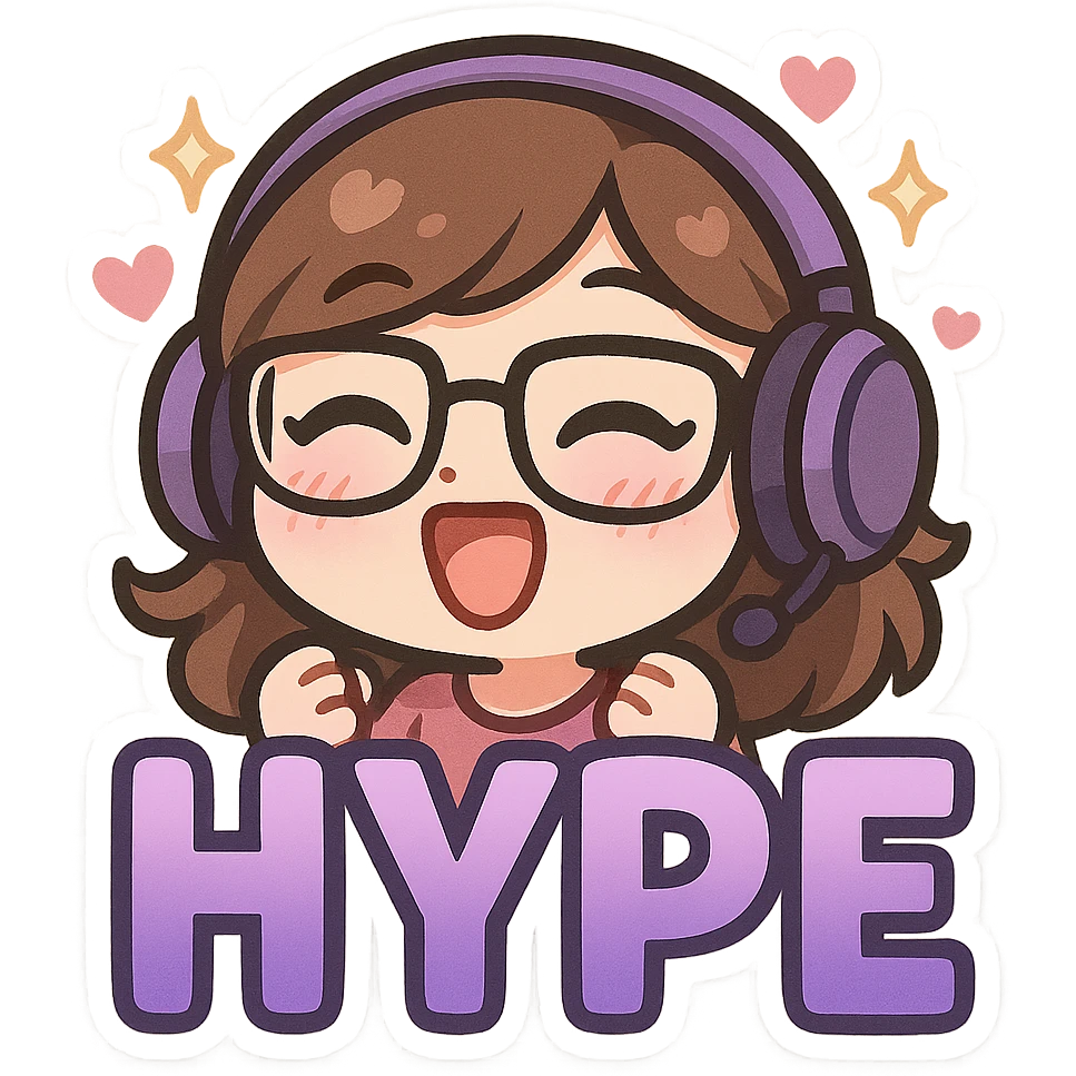 Make the HYPE letters a purple gradient and add extra cute details to the emote, such as sparkles, hearts, or blush, while keeping the chibi style, purple headset, and glasses. Transparent background. emoji