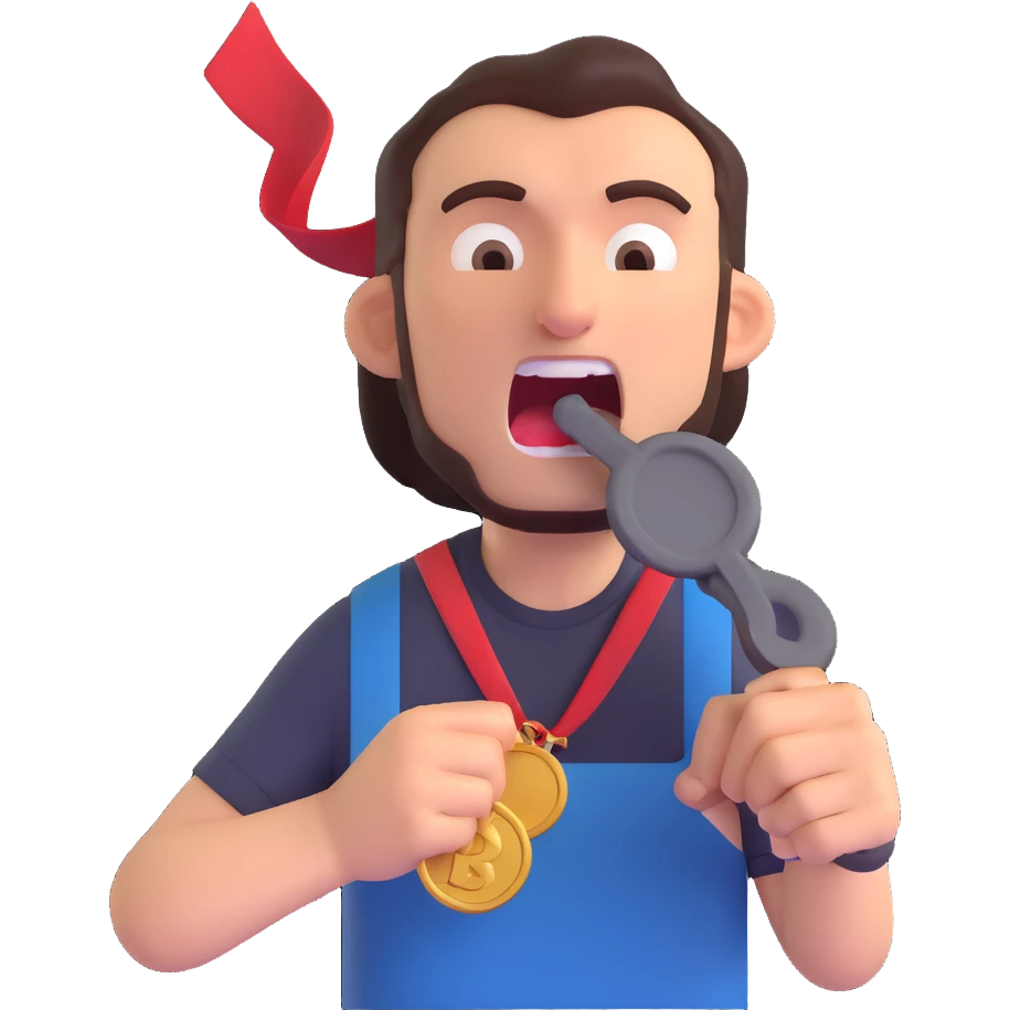 a man trying to bite an iron medal, expressive, clear action emoji