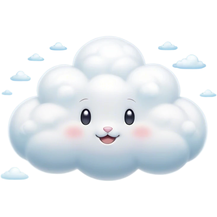 Cinematic tiny puffy bunny-shaped cloud, floating gently in the sky, soft glowing light, tiny rounded ears, smiling face, dreamy and magical. emoji
