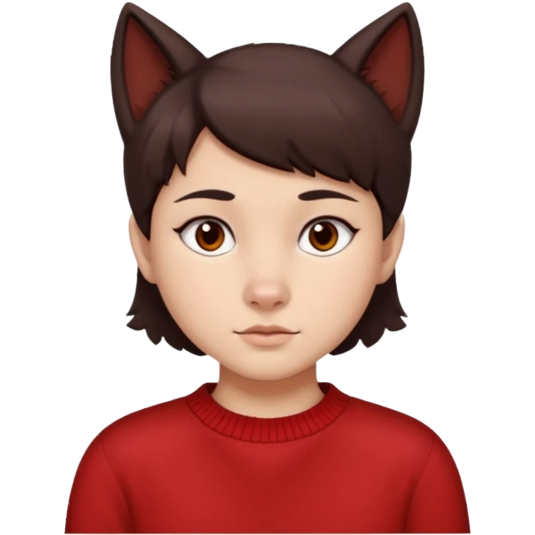 make a girl that has a boyish wolf cut thats right above the shoulders, give her a red sweater and make her face just right chubby but slso not too chubby. ( make it a white background and make the hair dark brown and also the eyes dark brown ) emoji
