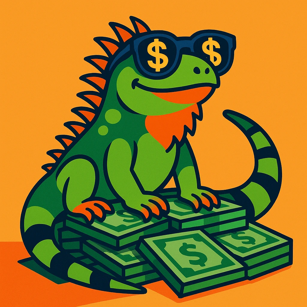 a green iguana with dollar sign sunglasses, sitting on a pile of cash, in a vibrant, playful style emoji
