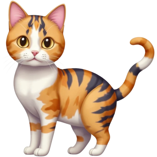 full body anxious looking colourful calico tabby cat with tiny head to large body with fully white front legs emoji