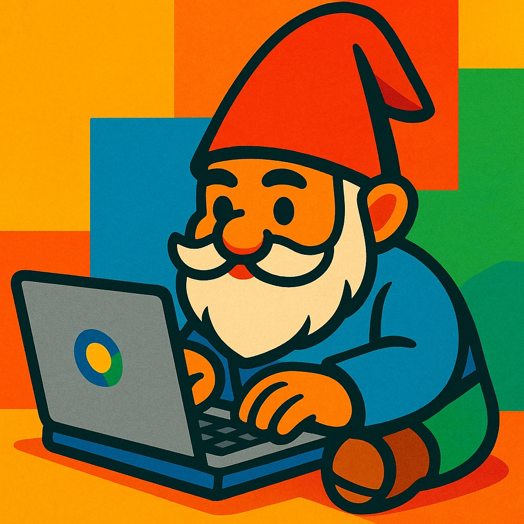 a gnome typing on a laptop, in a colorful, vibrant toon style emoji