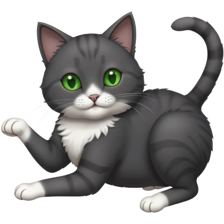 solid dark grey cat with green eyes, white toes/paws and white patch on her chest playfully rolling upside down emoji