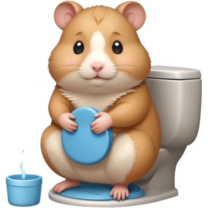 Cute chubby cartoon-style hamster sitting on toilet, sticker-style illustration emoji
