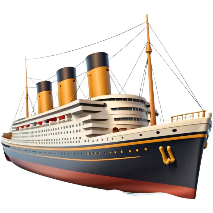 A 3D emoji of a Titanic ship in Apple style, glossy and smooth surface, bright clean colors with subtle shading, simple and minimal details, no face or expressions, floating on calm ocean, soft shadows, high-quality render, isolated on white background.


 emoji