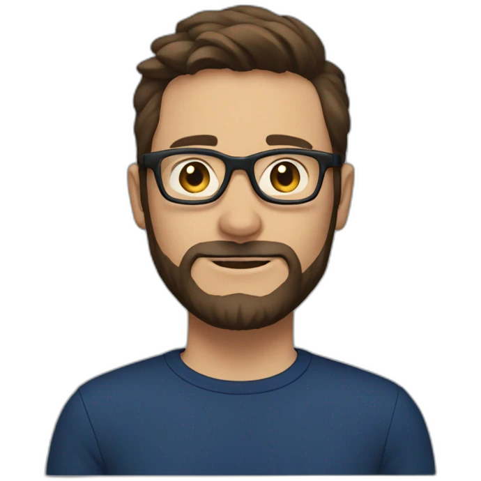 A man with short brown hair and Beard and round black glasses, wearing a dark blue shirt emoji