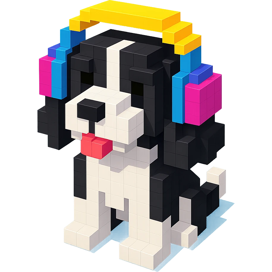 black and white Russian Cocker Spaniel puppy wearing headphones, head tilt pose emoji