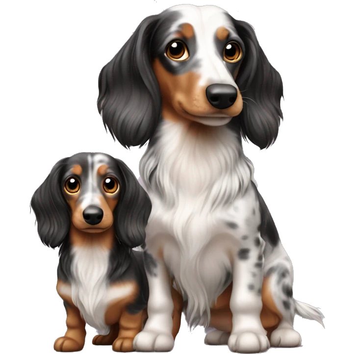 Two tri merle long hair dachshunds together  emoji