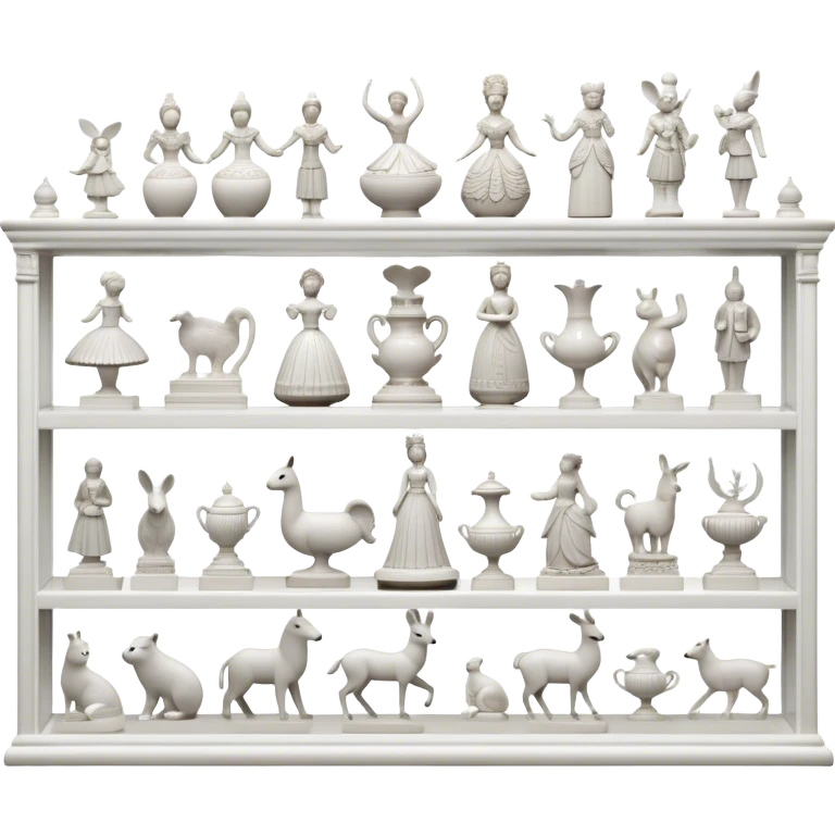 Icon for Porcelain Figurine Collecting: a collection of delicate porcelain figurines, such as animals, dancers, and historical characters, displayed on a shelf or in a display case. The icon should convey the elegance and artistry of collecting porcelain statues. Transparent background. emoji