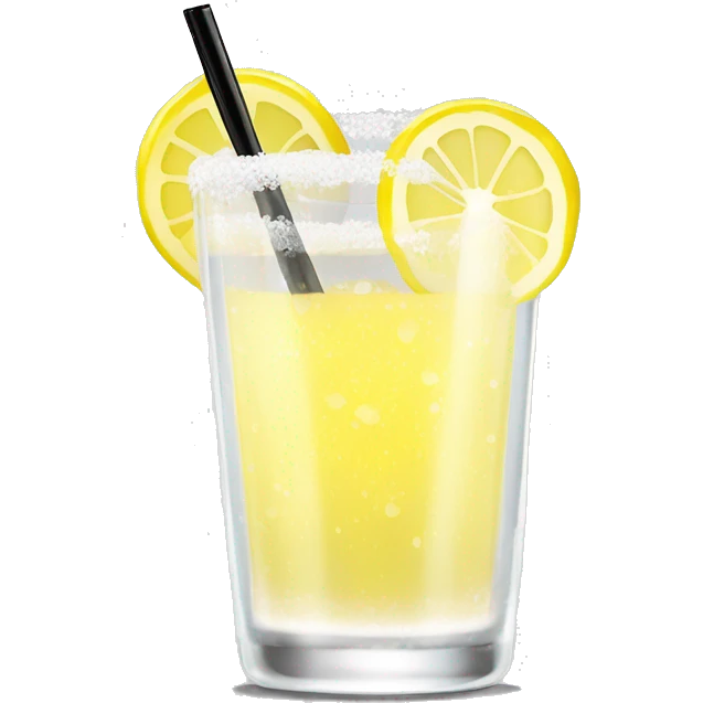 clear lowball glass with clear bubbly with a yellow tint liquid inside with a fresh lemon slice garnish on rim white salt down the side of the rim and a black straw emoji
