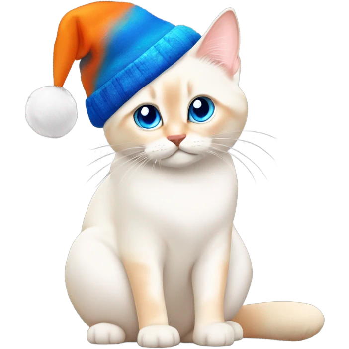 chubby flame point Siamese, white fur with orange accents and blue eyes wearing a Christmas hat ￼ emoji