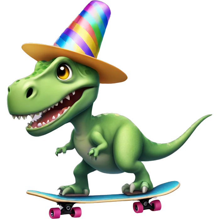 Dinosaur riding a skateboard with a party hat emoji