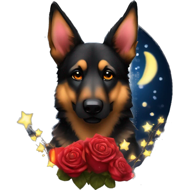 Bokeh Midnight starry night stars dark Brindled striped brindle black German shepherd fox carrying glowing red lantern, fairy lights, rose flower crown, bokeh lights, out of focus blur emoji