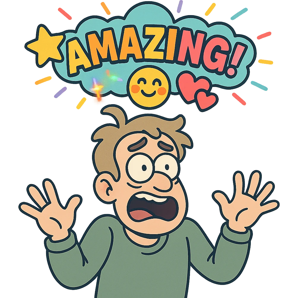 flashing colorful emoji that says 'amazing!', playful cartoon style emoji