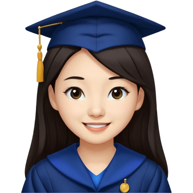 带着学士帽的，深棕色长发，黄种偏白皮肤的，高鼻梁，不戴眼镜的女博士生，在单只眼眨眼并开朗的笑，年龄26岁，学士服全身深蓝色短绒质地，但是黑领子， emoji