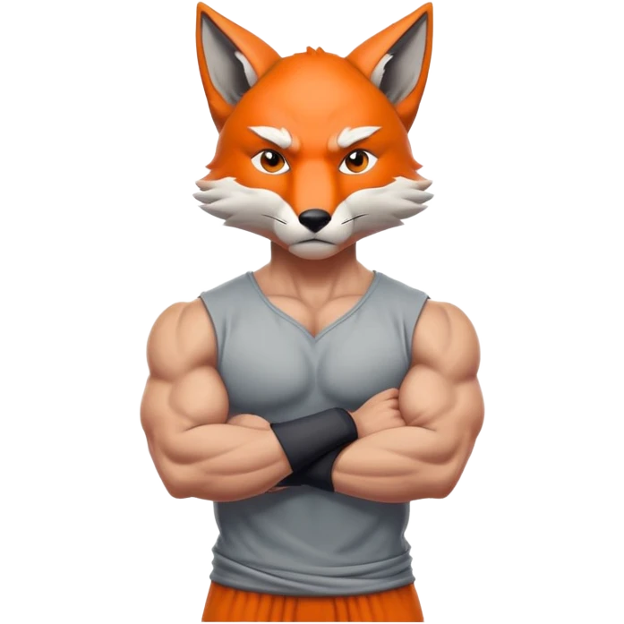 Człowiek z głową lisa, ma umięśnione ciało i złożone ręce. Groźna mina. Jest w kolorze szarym.  emoji