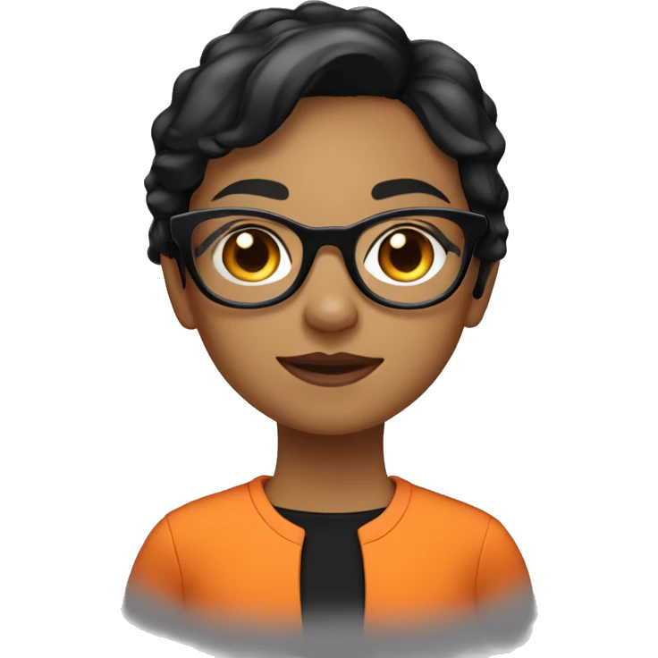a girl wearing round white glasses, short black hair, wearing an orange shirt with a pointed collar emoji